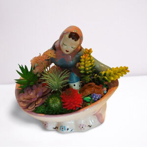 Vintage Kim Ward Hollywood Pottery Basket Planter Fake Succulents 10" Tall